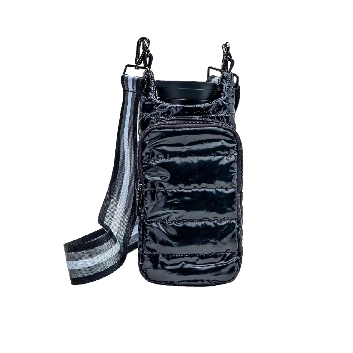 Crossbody Essentials Bag with Adjustable Strap - Shiny Black